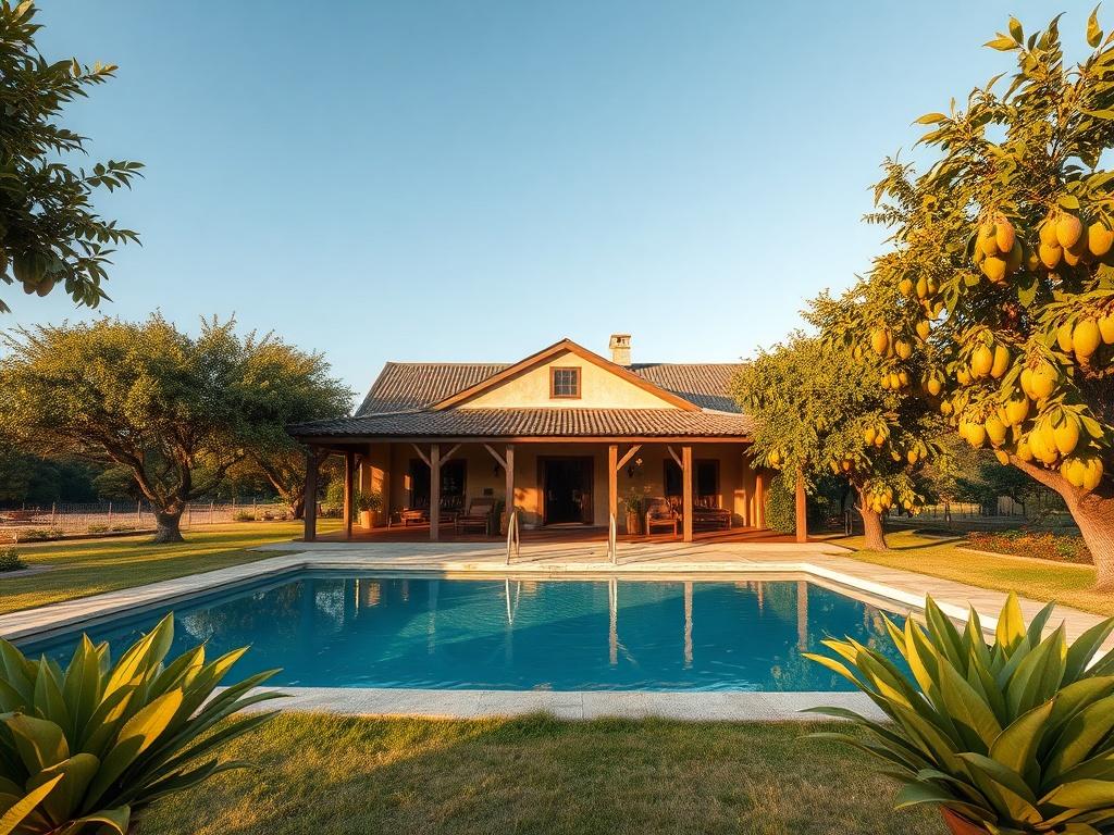 A serene farmhouse surrounded by lush mango trees, featuring a