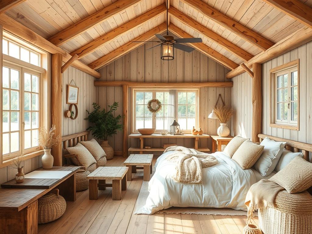 A cozy room within a farmhouse, featuring rustic wooden furniture,