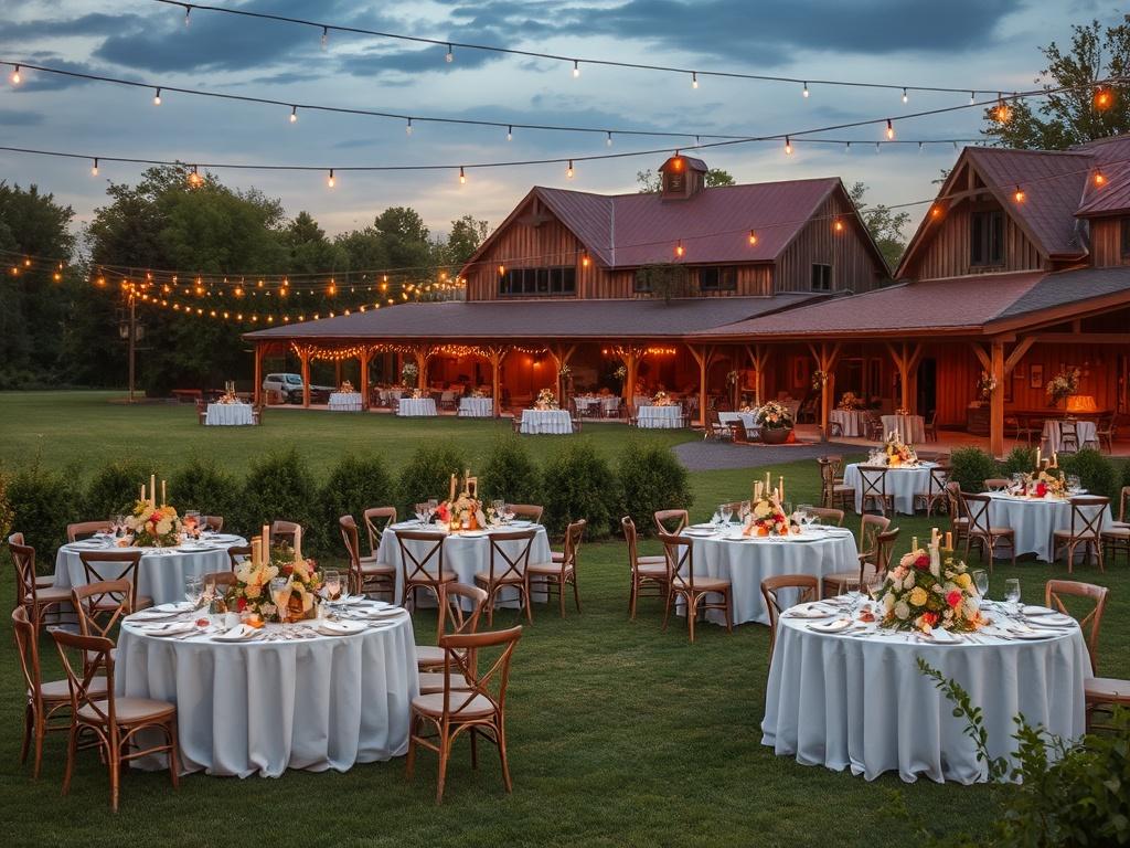 A beautifully decorated outdoor event setup at a farmhouse, showcasing