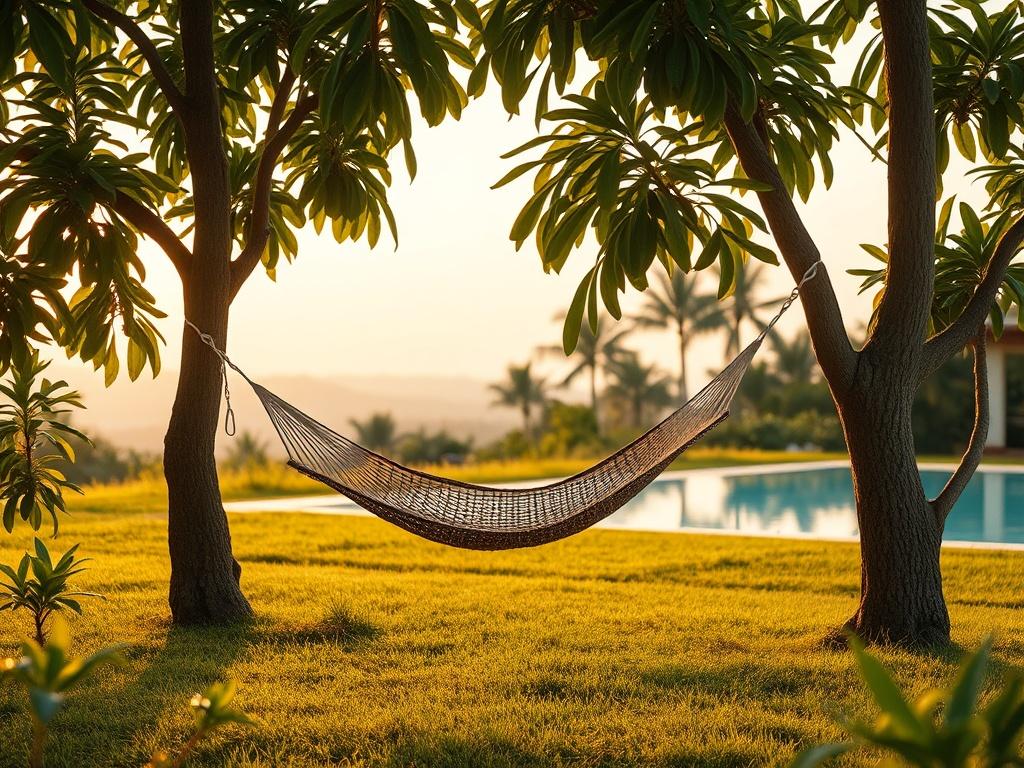 Create a realistic high-resolution photo that captures the essence of a relaxing getaway at BethiFarms. The composition should focus on a solitary hammock elegantly swaying between two mango trees, positioned centrally in the image. The hammock should be made of natural materials, evoking a sense of comfort and tranquility. Surround the hammock with abundant lush greenery, showcasing vibrant mango leaves and soft grass underfoot, inviting viewers to imagine themselves lounging peacefully. 

In the backgroun