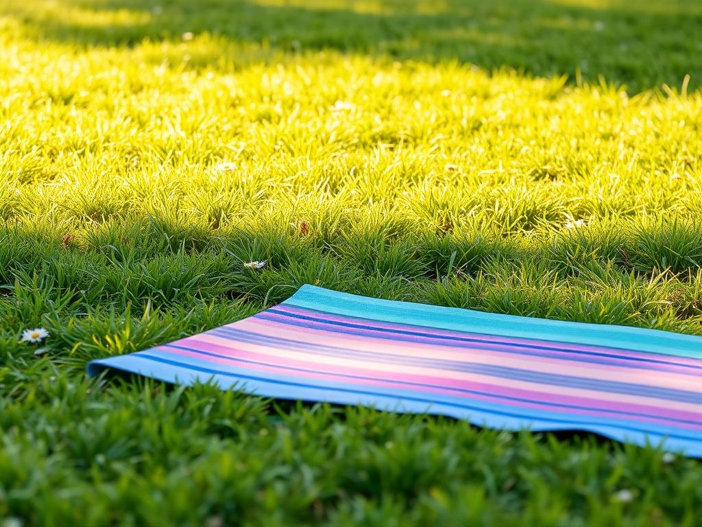 A colorful yoga mat laid out on a grass field, surrounded by soft sunlight and a few scattered flowers, creating a fresh and inviting atmosphere.