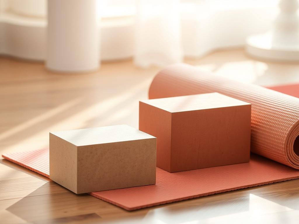 Two yoga blocks placed beside a bright yoga mat, with soft natural lighting illuminating the scene, creating a calming and inspiring ambiance.