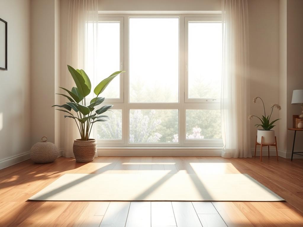A serene home yoga setup with a yoga mat on a wooden floor, sunlight streaming through a large window, a peaceful indoor plant in the background, and soft, calming colors.