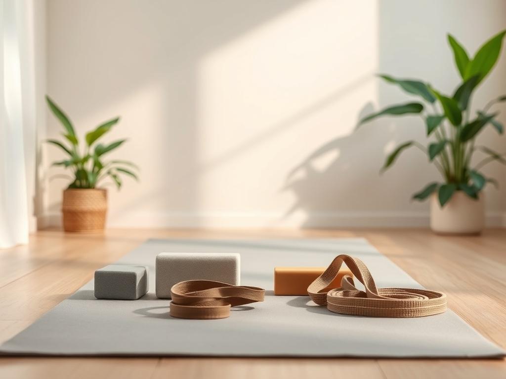 A minimalist home studio setup with yoga props like blocks and straps neatly arranged on a soft mat. The background features soft lighting with shades of green from plants, creating an inviting and peaceful atmosphere for yoga practice.