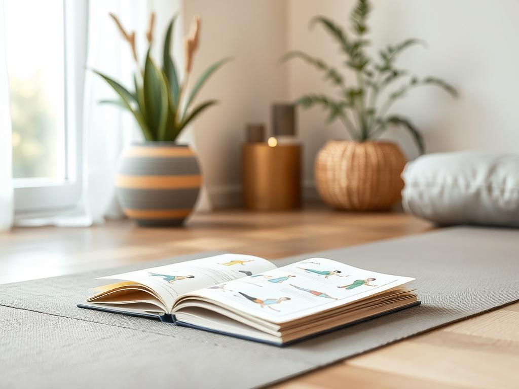 An open guidebook on a yoga mat, showcasing colorful illustrations of yoga poses. The setting is bright and airy, with soft natural light filtering through a nearby window, surrounded by gentle decor that inspires mindfulness.