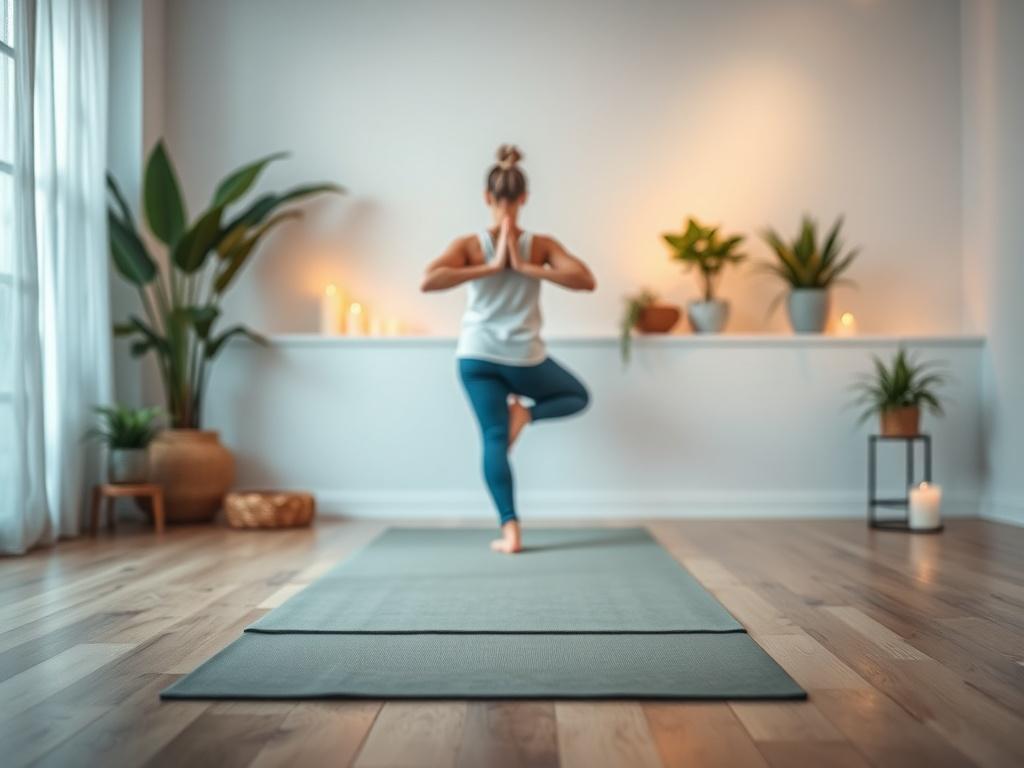 A serene indoor setting featuring a yoga mat on a soft wooden floor. The background has gentle lighting with soft colors, and a person practicing yoga in a focused pose, surrounded by calming decor like plants and candles. The atmosphere exudes tranquility and a sense of peace.