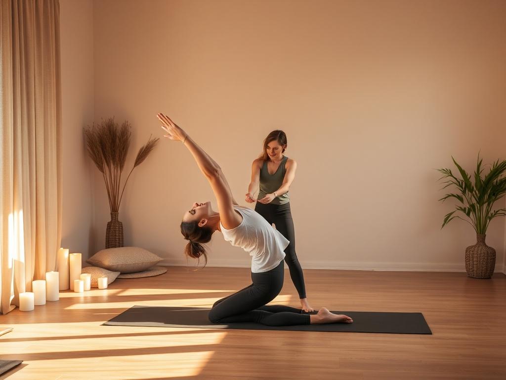 A cozy, intimate yoga space with a single instructor assisting a client in a yoga pose. The setting should have warm tones, mats, and calming elements like candles or soft cushions, creating an inviting atmosphere for personal growth.