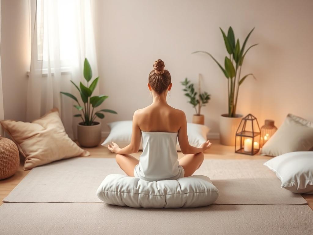 A tranquil meditation space with soft pillows and gentle lighting. A serene individual sitting in meditation, surrounded by calming decor like plants and soothing colors, evoking a sense of peace and introspection.