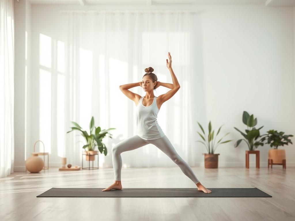 A serene yoga studio setting with soft lighting and gentle tones. In the foreground, a single practitioner performs a yoga pose that showcases strength and balance, such as a Warrior pose or Tree pose. The subject is focused and calm, embodying mindfulness. The background features soft, natural elements like indoor plants and a clean, minimalist decor to enhance the peaceful atmosphere.