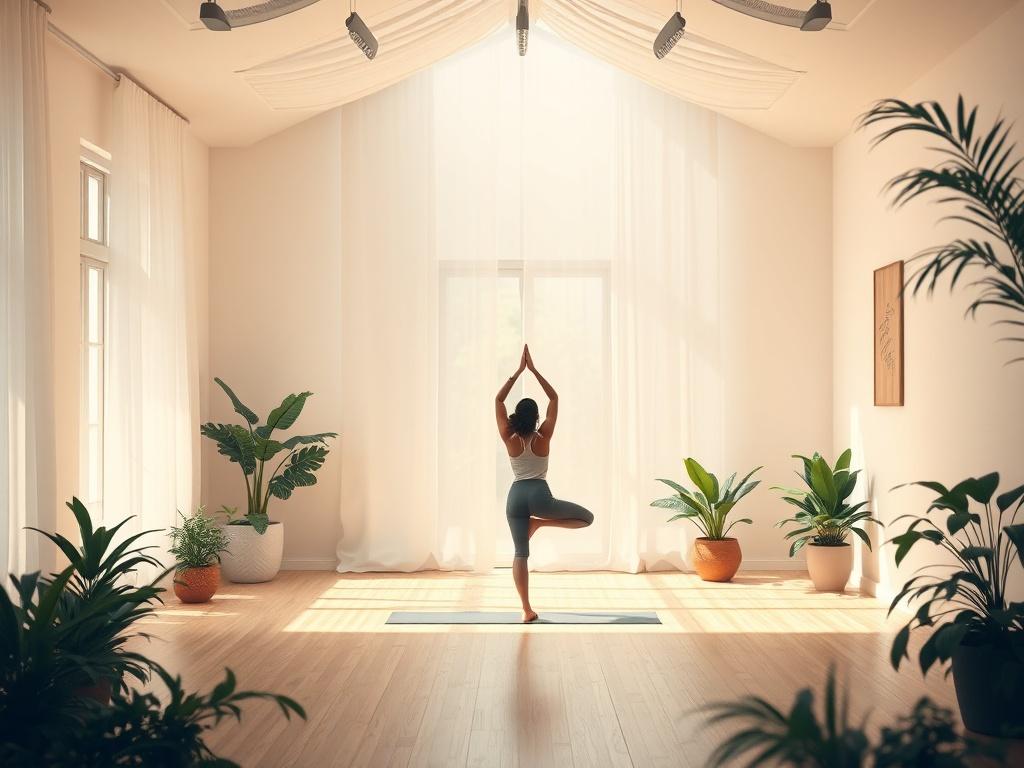 A peaceful yoga studio with natural light streaming in, filled
