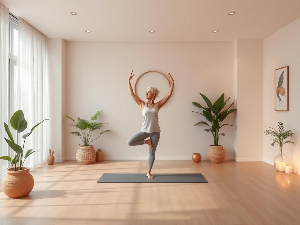 A serene yoga studio with soft, gentle lighting and soothing