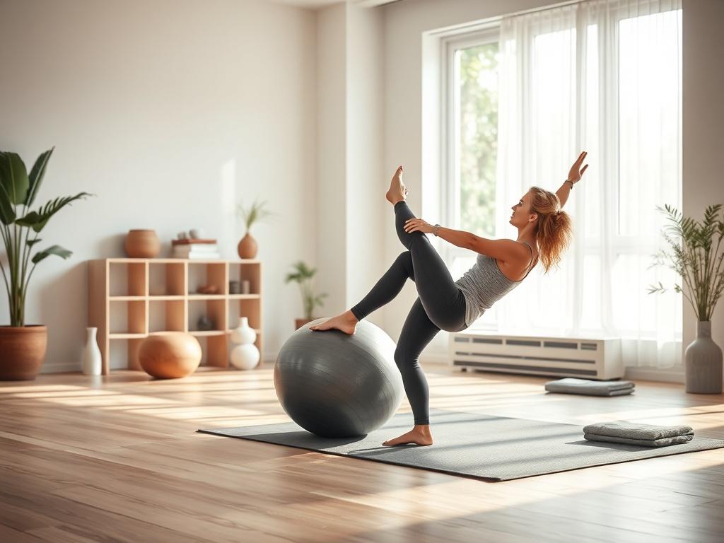 A calm and inviting yoga studio setting, showcasing a participant