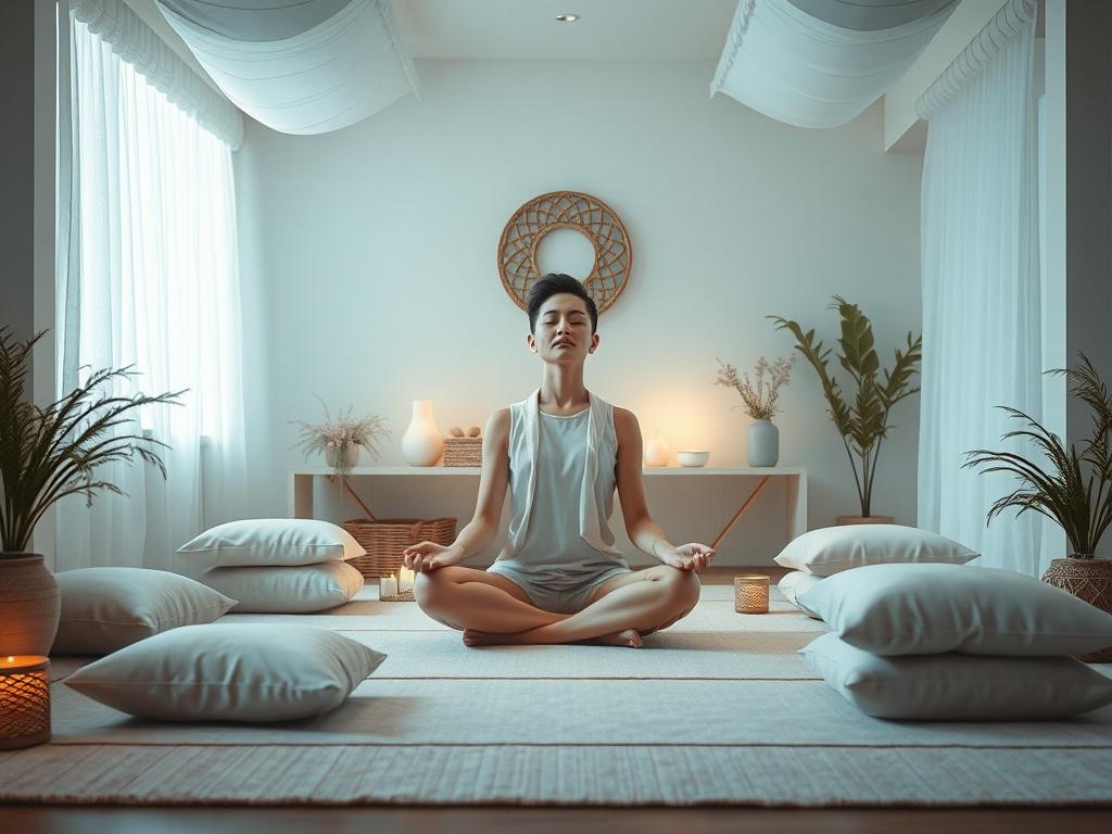 A tranquil meditation space adorned with soft cushions and calming