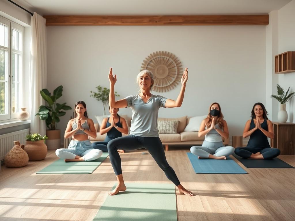 A serene online yoga class in session, featuring a diverse group of individuals practicing yoga in a tranquil home environment. The setting is softly lit with natural light, showcasing peaceful decor and yoga mats. The focus is on the instructor leading the session, demonstrating a yoga pose with clarity and grace. Gentle colors like soft greens and blues create a calming atmosphere.