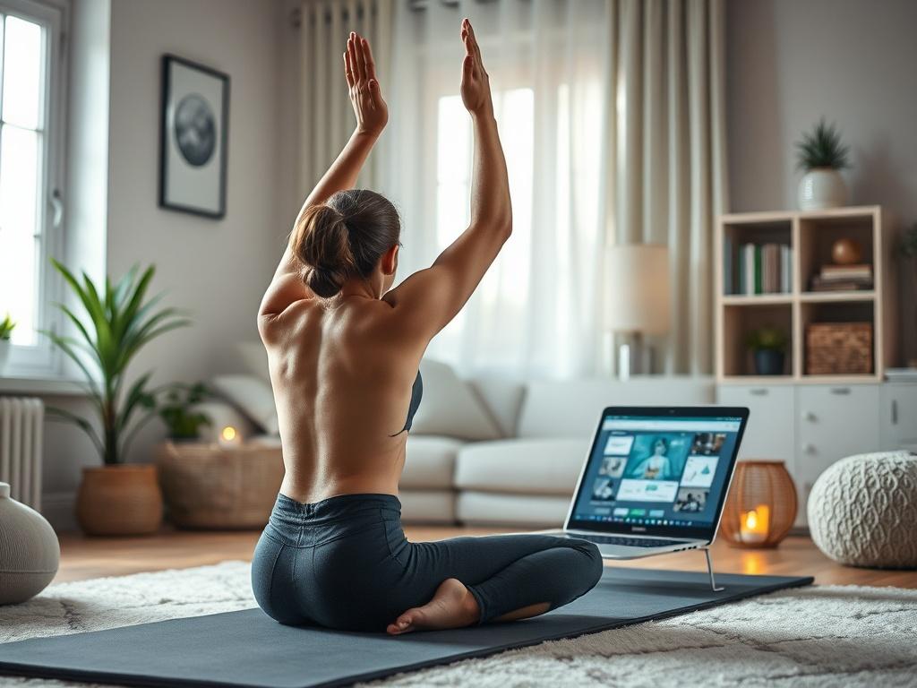 An individual practicing yoga at home, following a personalized program on a laptop. The focus is on the individual in a tranquil space, surrounded by calming decor and soft lighting. The atmosphere conveys a sense of focus and determination, highlighting the individuality of the yoga practice.