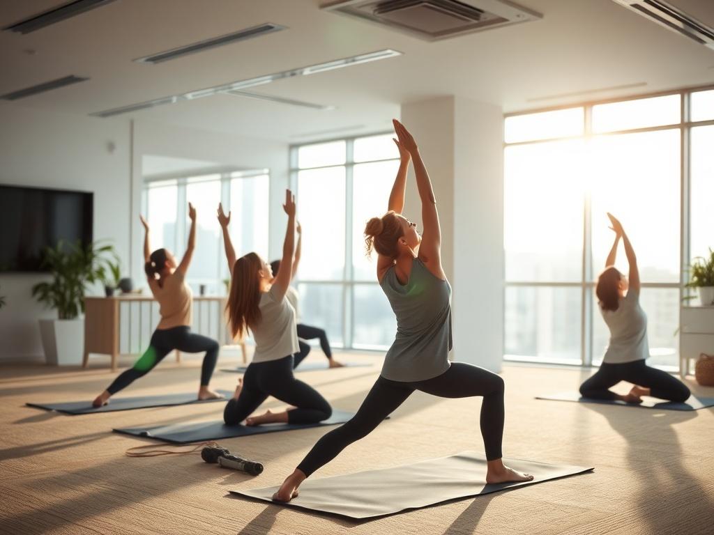 A corporate office environment with employees practicing yoga in a conference room. The scene captures individuals engaged in various stretching poses, with bright natural light filtering through large windows, creating an uplifting ambiance.