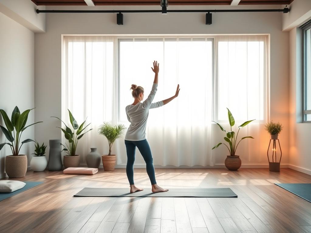 A serene yoga studio with soft lighting, showcasing an instructor guiding a single student through a yoga pose. The background features calming colors and elements such as plants and soft mats, creating a peaceful atmosphere.