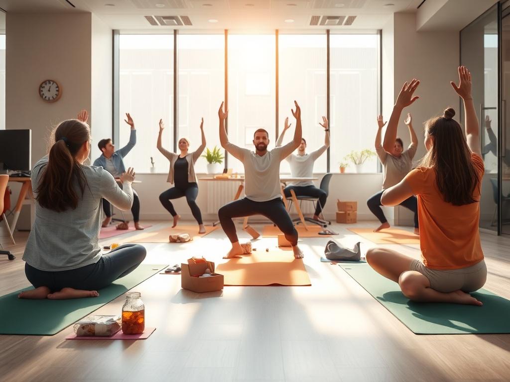 A bright office lunch break setting where employees engage in a quick yoga session. The atmosphere should be energetic yet tranquil, with yoga mats laid out on the floor and employees practicing poses, surrounded by their lunch items.