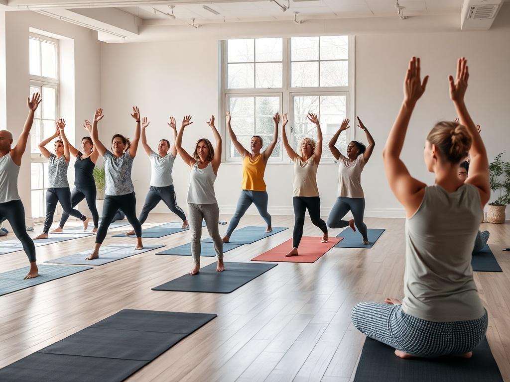 A monthly yoga session taking place in a spacious, well-lit studio. Employees of various ages and backgrounds are practicing yoga together, displaying a sense of community and engagement in their wellness journey.