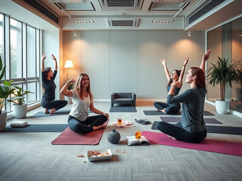 An inviting office break room with yoga mats arranged in a circle, soft lighting, and a calming ambiance. A group of professionals practicing yoga poses, smiling and enjoying the moment, with healthy snacks and drinks nearby, creating a refreshing break atmosphere.
