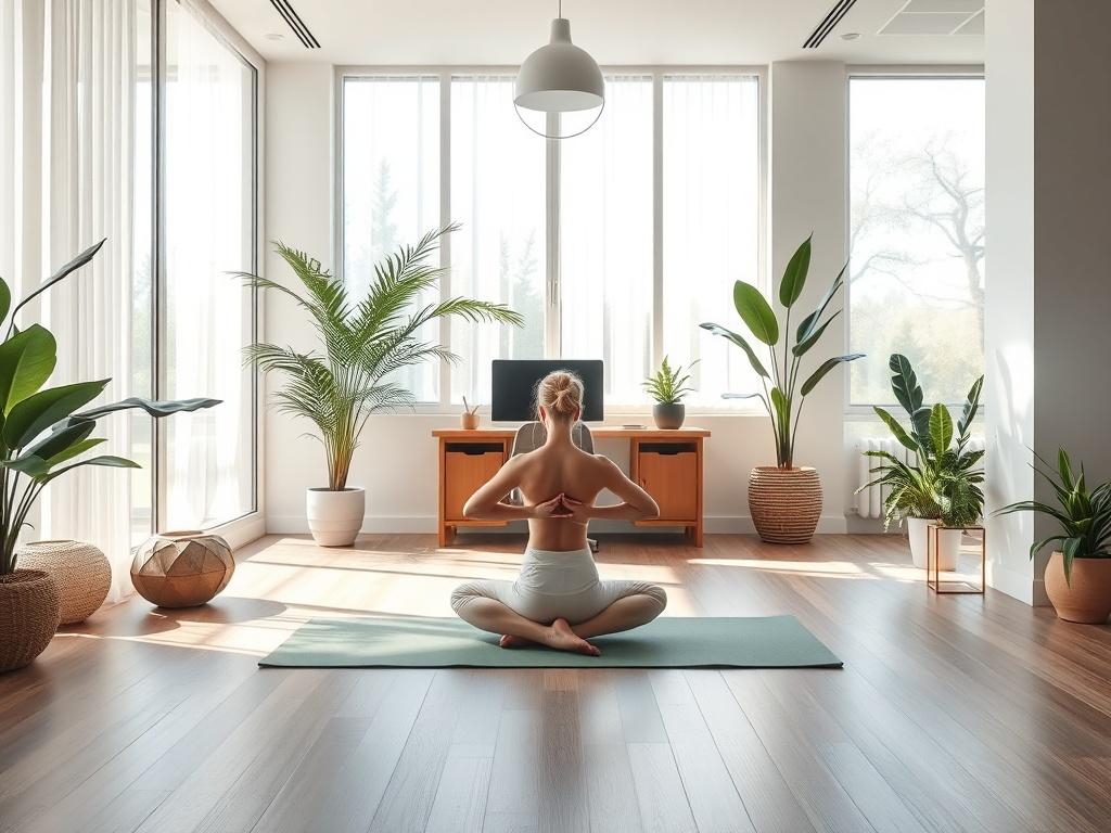 A serene indoor office space with a single yoga mat laid out, gentle natural light filtering through large windows, creating a peaceful atmosphere. A person in comfortable yoga attire is in a meditative pose, surrounded by calming decor, such as plants and soft colors, emphasizing tranquility.