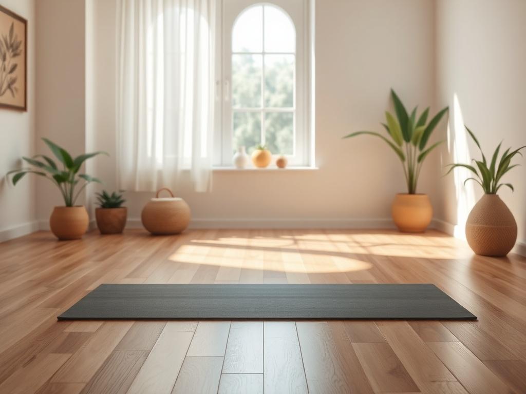 A serene yoga studio with a single yoga mat placed centrally on the floor. Soft natural light streams through a window, creating a gentle atmosphere. A peaceful background with plants and calming decor enhances the tranquil vibe, inviting individuals to unwind and focus on their practice.