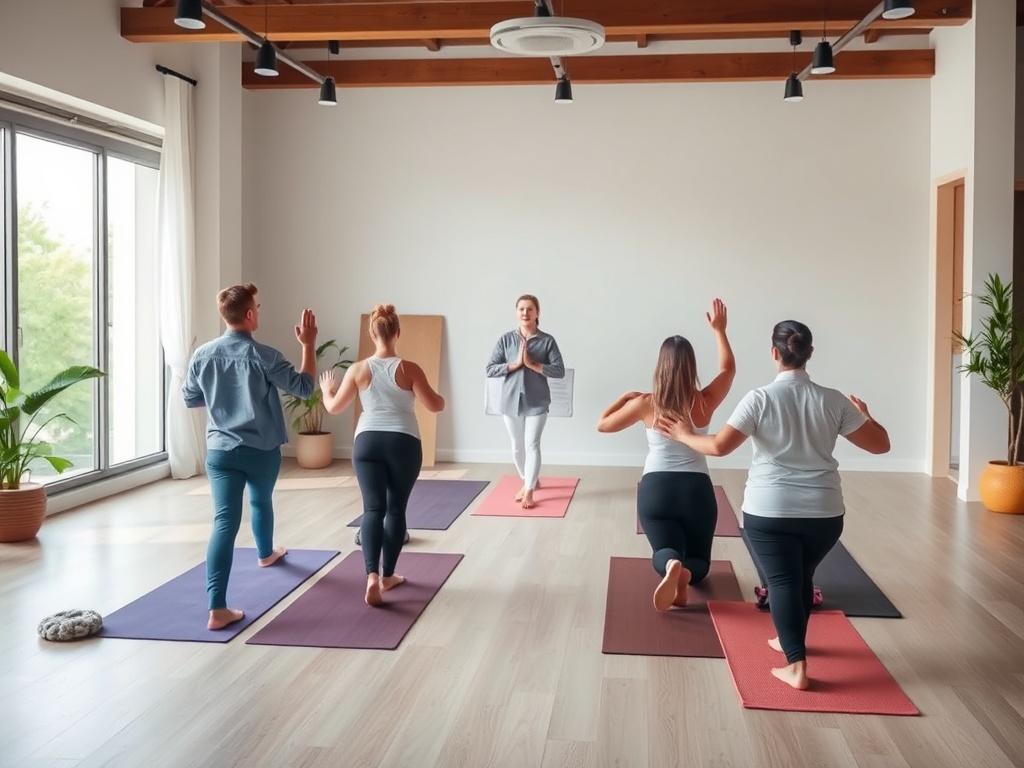 A calm and inviting yoga studio setting where corporate employees are practicing yoga together. The instructor is leading them through a series of poses, and the environment reflects tranquility with soft colors, natural lighting, and comfortable yoga mats.