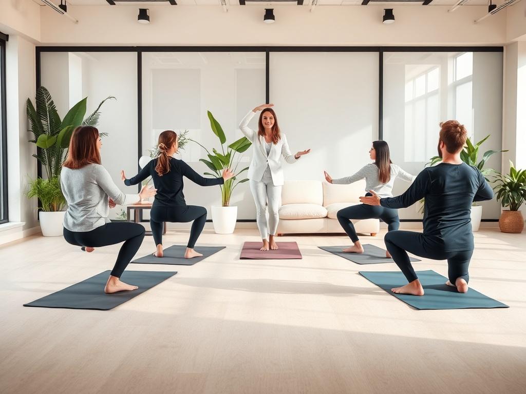A serene office environment with a yoga instructor leading a small group of corporate employees in a yoga session. The scene is calm and inviting, showcasing soft lighting and gentle tones, with yoga mats arranged in a circle. The background includes plants and soft furnishings, creating a peaceful atmosphere.