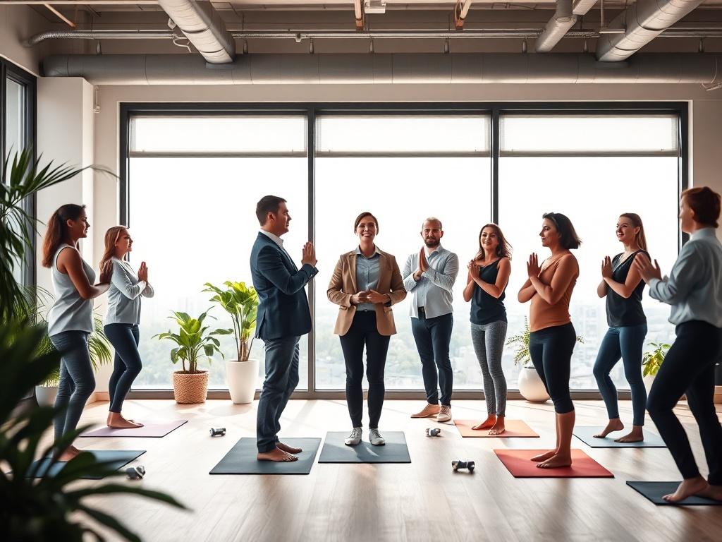 A group of corporate employees participating in a short yoga session in a bright, open office space. The instructor guides them through standing poses, and everyone looks relaxed and engaged. The background features large windows with natural light, plants, and a calming ambiance.