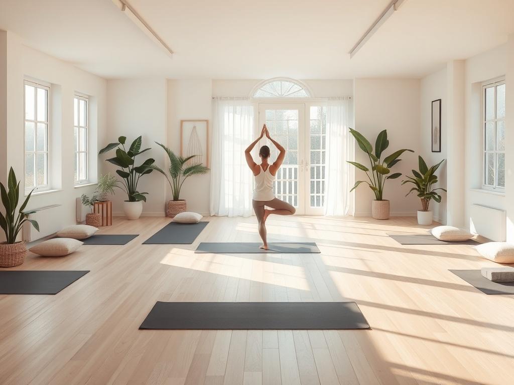 A serene yoga studio with soft natural light filtering through large windows. The room is spacious and inviting, featuring modern yoga mats and calming decorations like plants and soft cushions. In the center, a person is practicing yoga in a peaceful pose, exuding tranquility and focus. The atmosphere is peaceful, emphasizing wellness and self-discovery.