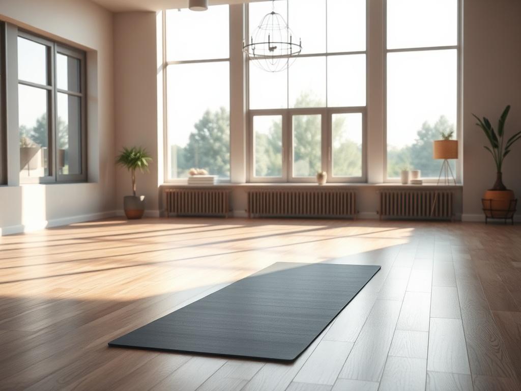 A peaceful yoga studio in Papillion, US, with soft lighting and gentle colors. A single yoga mat is laid out on the floor with a peaceful atmosphere. The room features serene decor and a calming ambiance, inviting individuals to practice yoga and body sculpting. The background showcases a tranquil view of nature through large windows.