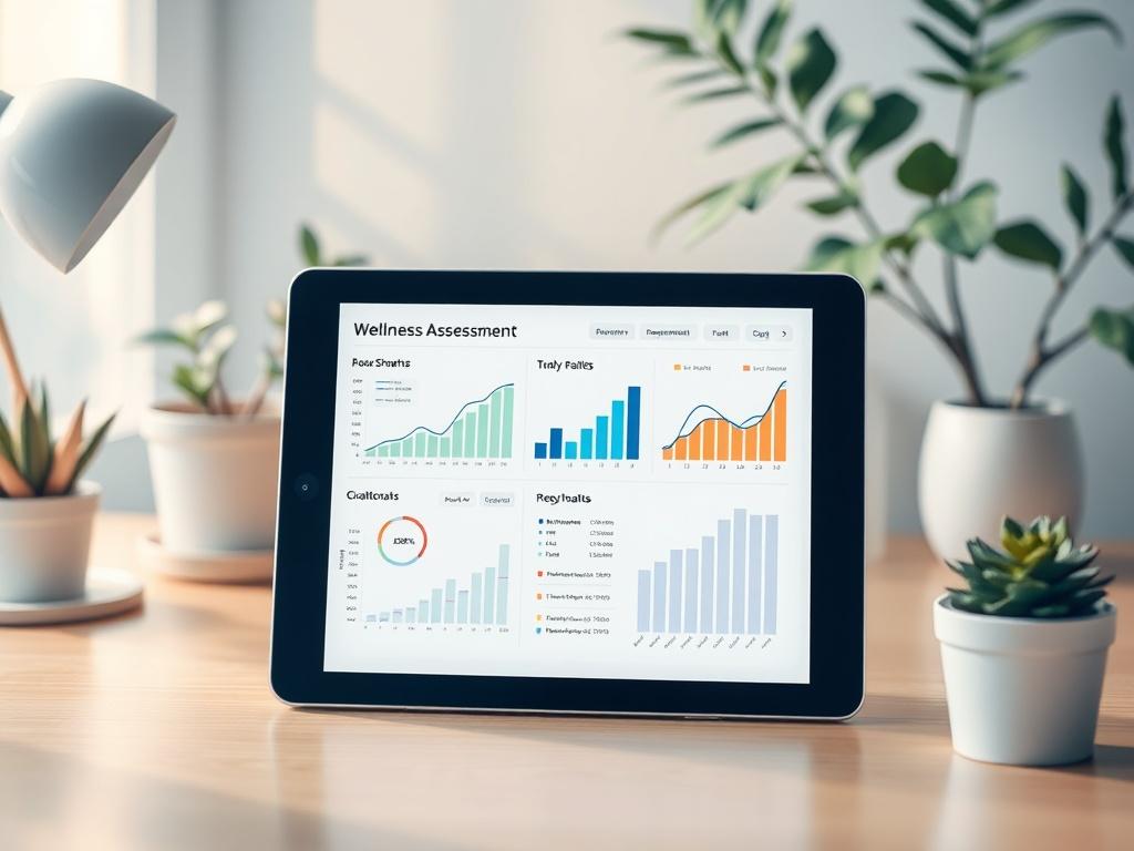 A digital tablet displaying wellness assessment charts and graphs, surrounded by a calm workspace with plants and soft lighting, symbolizing health and productivity.