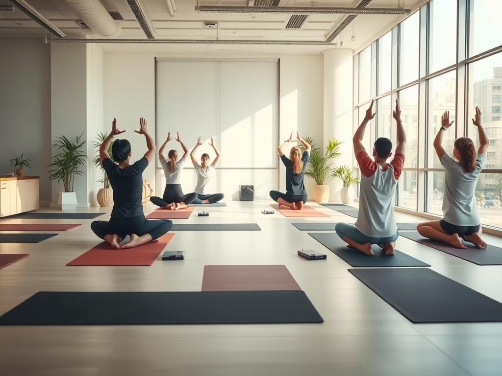 A serene office space with yoga mats spread out, soft natural lighting filtering through large windows, and employees practicing yoga poses, creating a peaceful and productive atmosphere.