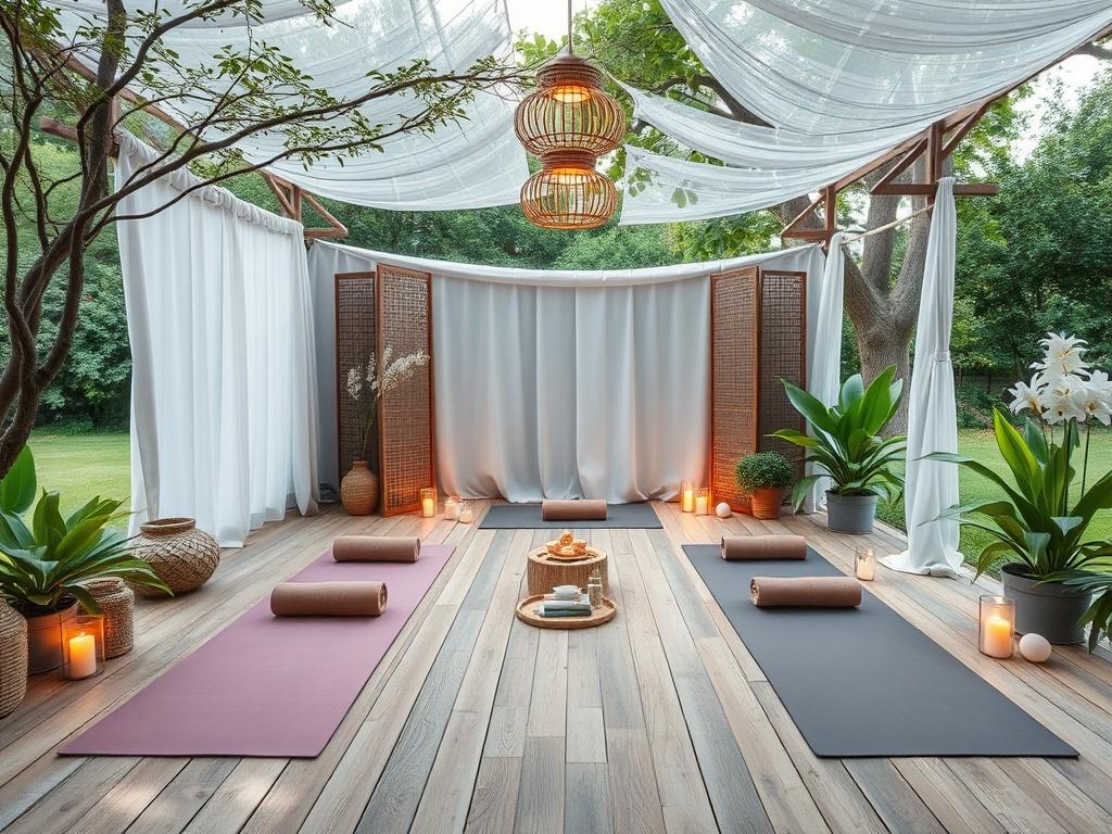 A beautifully arranged wellness retreat setting outdoors with yoga mats, calming nature surroundings, and serene decorations, inviting tranquility and relaxation.
