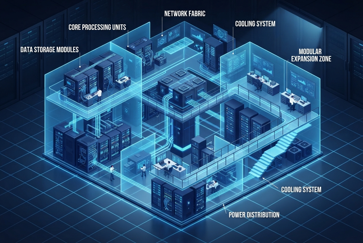Isometric operational architecture illustration showing modular data infrastructure with connected systems