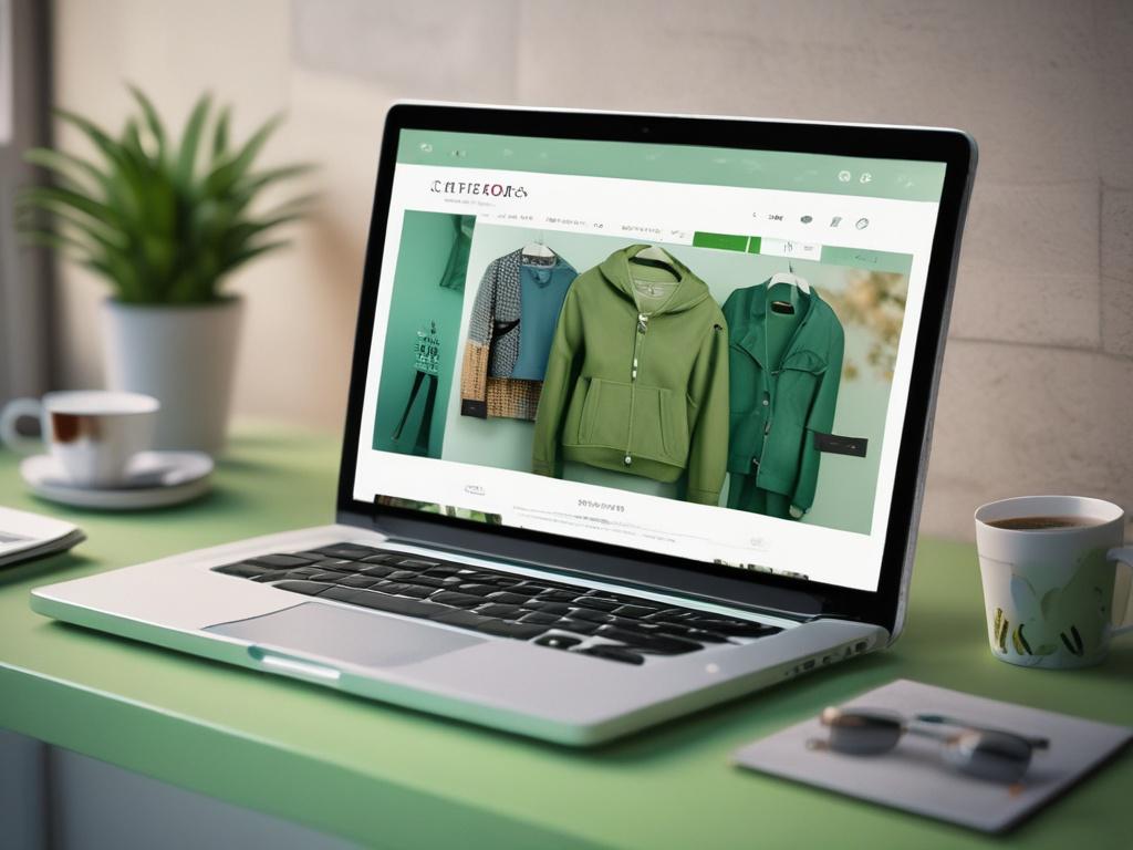 A hyper-realistic close-up shot of a modern fashion e-commerce website displayed on a sleek laptop, with vibrant clothing images and green rgb(50, 170, 39) accents, shot with a 45mm f/1.2 lens style, clean background.