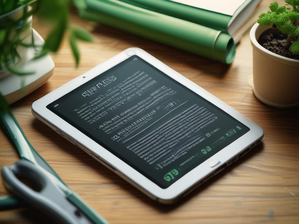 A hyper-realistic close-up of an open eBook on a tablet screen featuring health and wellness tips with green rgb(50, 170, 39) highlights, shot with a 45mm f/1.2 lens style, blurred natural background.