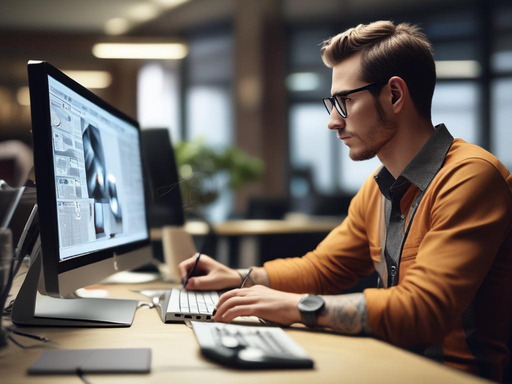 Create a hyper-realistic, high-resolution close-up photograph of a solitary professional web designer working intently at a modern workstation. The subject is a focused individual wearing smart casual attire, seated at a sleek desk with a large, vibrant computer screen displaying an elegant, partially visible custom website design interface featuring clean lines and intuitive navigation elements. The shot is taken with a 45mm f/1.2 lens style, capturing rich detail and shallow depth of field that gently blurs the minimalist office background, emphasizing the subject and their creative process. The lighting is natural and soft, highlighting the subject’s concentration and the vivid green accent RGB(50, 170, 39) on the screen and subtle desk accessories, symbolizing growth and vitality. The overall composition is simple and clear, reinforcing the theme of maximizing online presence through custom website design to elevate brands, enhance user experience, and drive business growth in a competitive digital landscape.