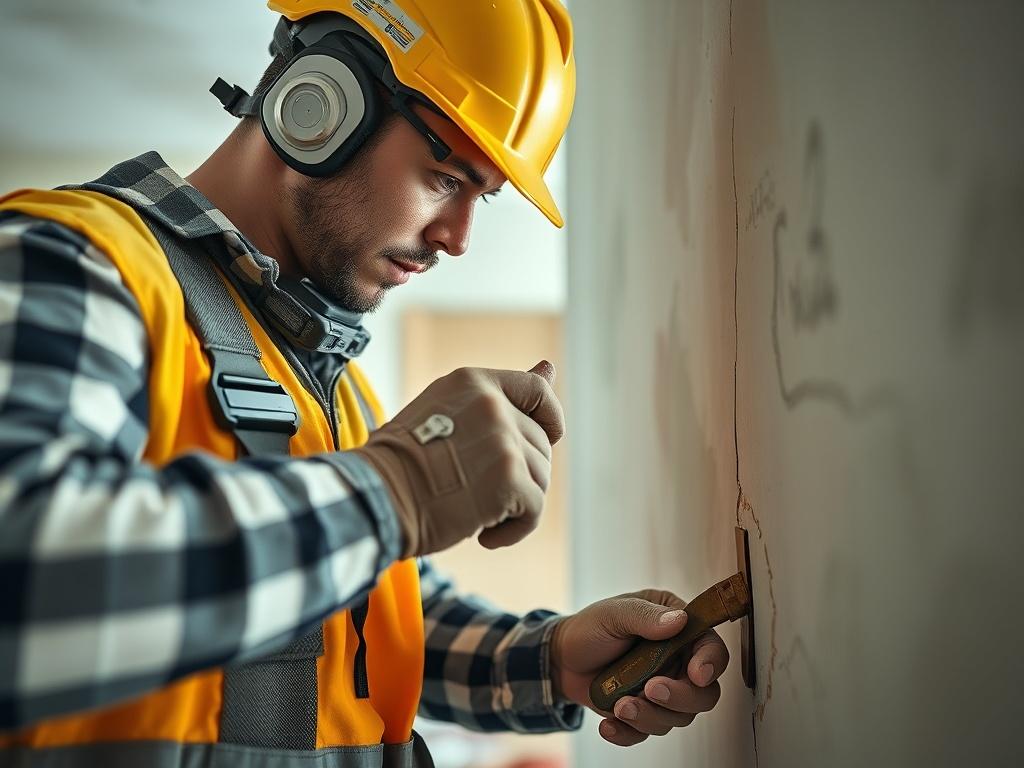 A close up shot of a construction worker repairing a