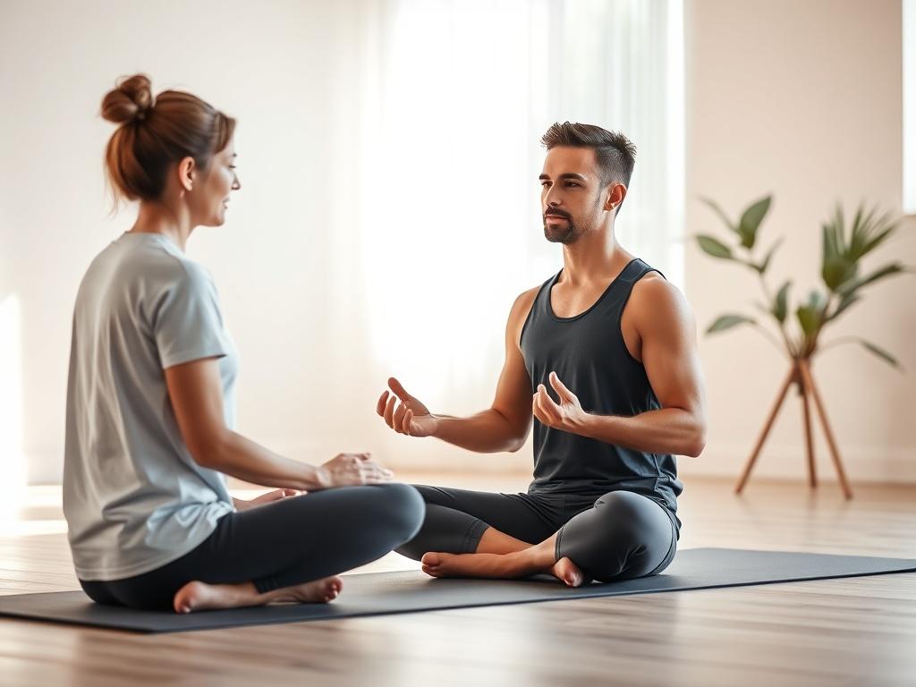 A serene coaching session taking place in a peaceful environment. The image features a focused athlete, sitting on a yoga mat, practicing visualization and breathing exercises, with a calm coach guiding them. The background is a soft-toned room with natural light filtering in, creating a gentle atmosphere. The scene evokes a sense of tranquility and concentration, emphasizing the connection between mental training and athletic performance.