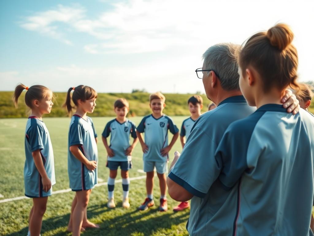 A focused coach speaking to a group of young athletes