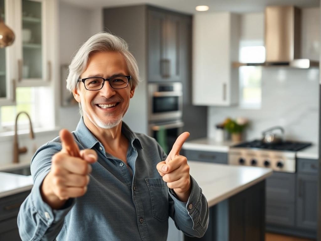 A close-up shot of a satisfied homeowner smiling while pointing at a beautifully renovated kitchen. The kitchen features modern cabinetry, stylish countertops, and a well-lit atmosphere. The background is softly blurred to emphasize the homeowner and the kitchen details, captured with a 45mm f/1.2 lens style.