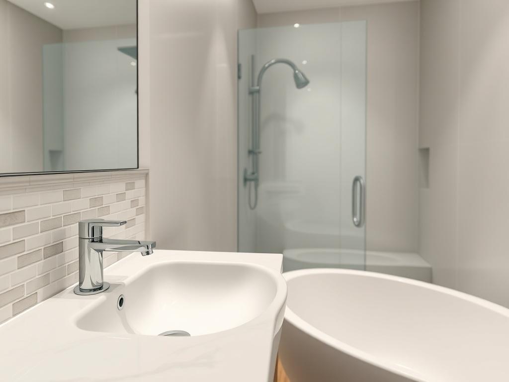A beautifully fitted modern bathroom showcasing a sleek sink, stylish