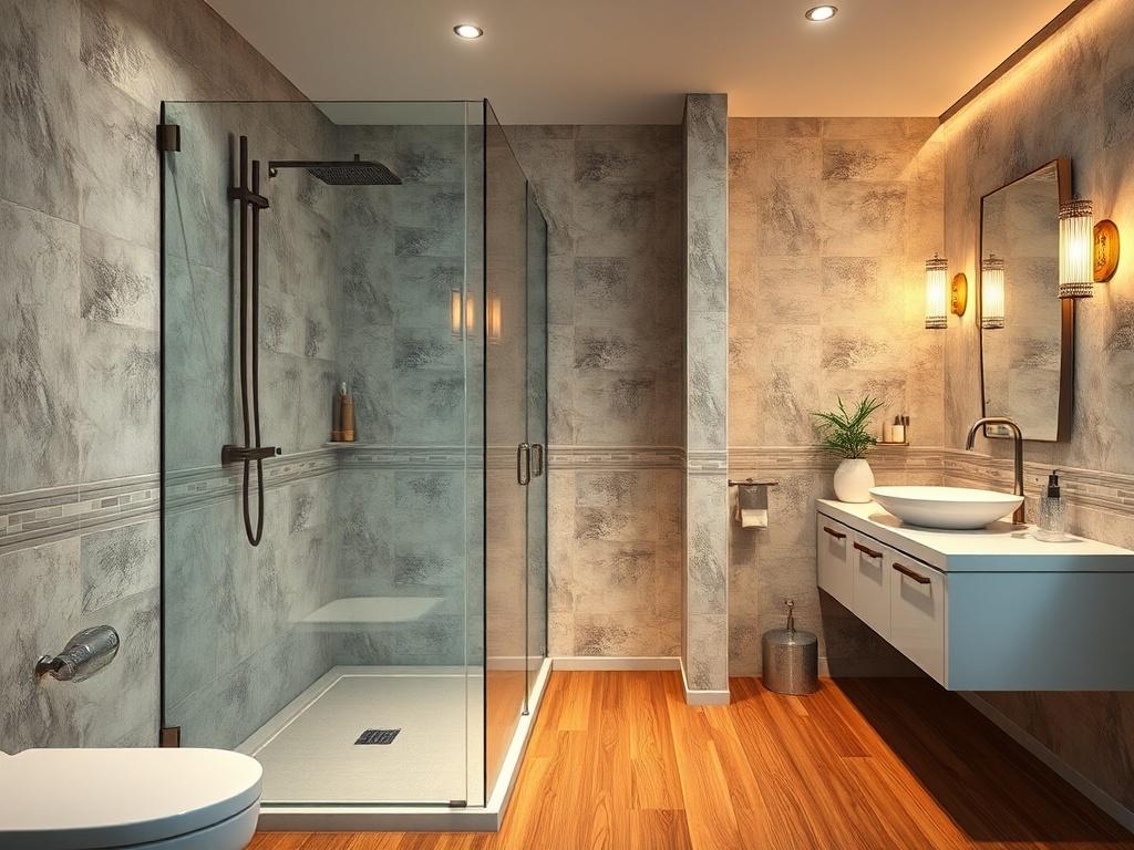 A beautifully refurbished bathroom featuring a modern walk-in shower, elegant tiles, and stylish fixtures. The composition focuses on the shower area with sleek glass doors, complemented by warm lighting that enhances the ambiance. The walls are adorned with tasteful tile patterns, and a chic sink with a vanity is visible in the background. The flooring is a polished wood finish, reflecting a sense of luxury and comfort in this contemporary space.