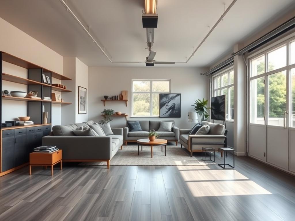 A spacious garage converted into a cozy living area, featuring a comfortable seating arrangement and stylish decor. The image captures the open space, showcasing large windows that allow natural light to fill the room. Modern shelving units are neatly arranged along the walls, and a small coffee table adds a homely touch. The flooring is a sleek laminate, enhancing the contemporary feel of this transformed space.