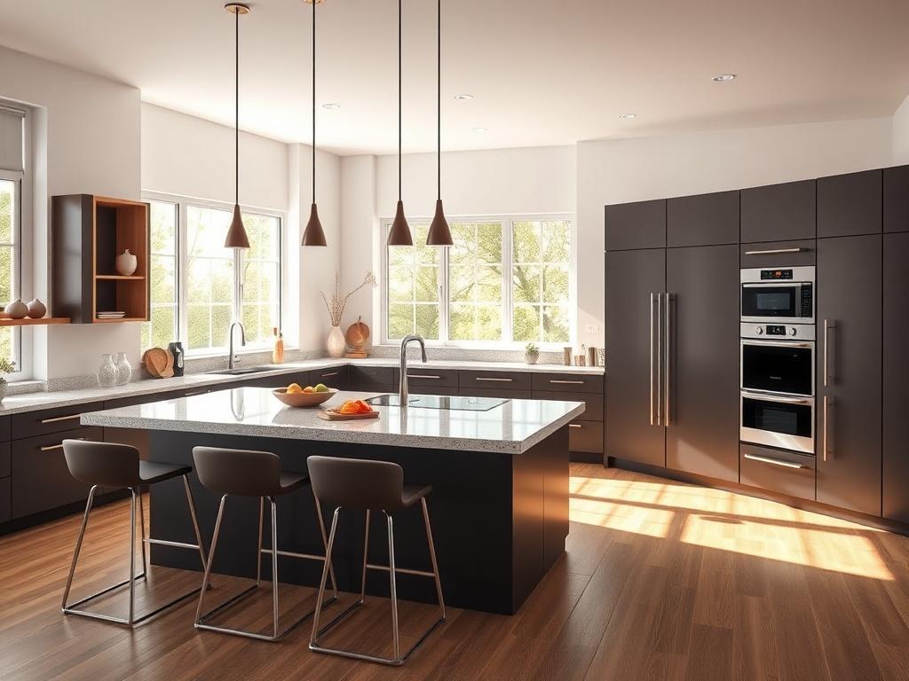An inviting kitchen space showcasing a contemporary design with a large island in the center, equipped with modern appliances. The composition highlights the sleek cabinetry, countertops with a polished stone finish, and stylish bar stools. Natural light floods the room through large windows, illuminating the vibrant colors of the decor. The kitchen is both functional and aesthetically pleasing, perfect for cooking and entertaining.