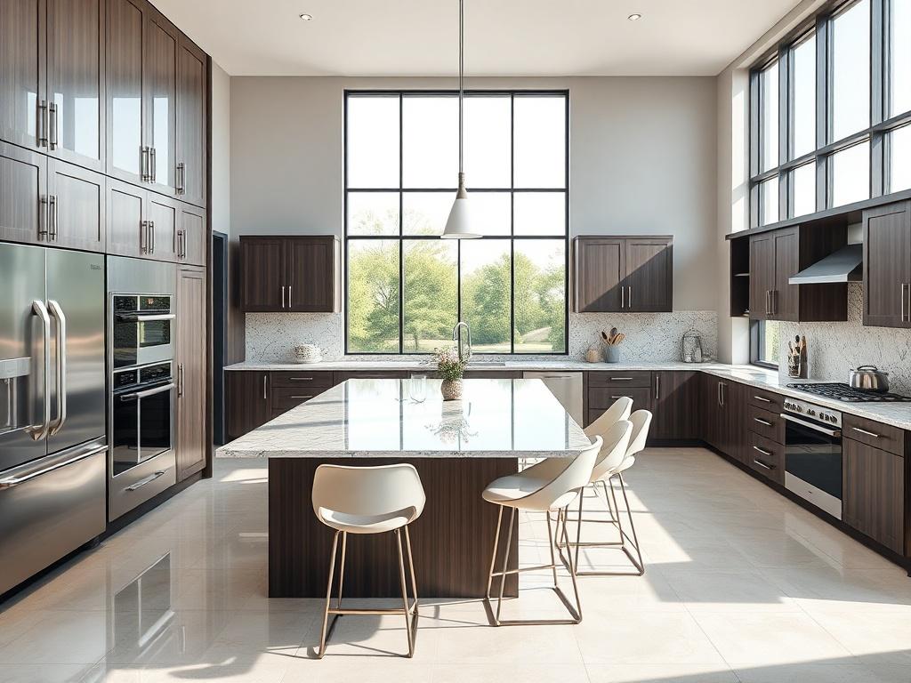 A beautifully designed kitchen showcasing modern appliances and a spacious layout. The image should highlight a large central island with bar stools, granite countertops, and stylish cabinetry. Natural light floods the space through large windows, creating a bright and inviting atmosphere. The composition should emphasize the kitchen's functionality and aesthetics, with attention to detail on the hardware and finishes. The background should remain simple to keep the focus on the kitchen.