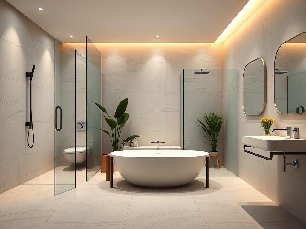 A stunning modern bathroom with sleek lines and elegant fixtures. The image should capture a spacious layout featuring a freestanding bathtub, a walk-in shower with glass panels, and exquisite tile work. The lighting is soft and warm, highlighting the contemporary design. The walls are painted in a soft neutral tone, and decorative plants add a touch of freshness. The composition should focus solely on the bathroom, with minimal distractions in the background.