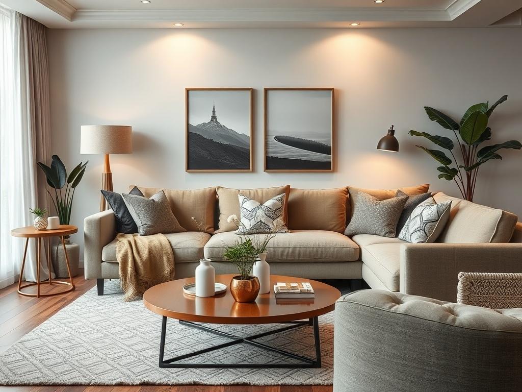 A cozy and elegant living room featuring a harmonious blend of colors and textures. The image should showcase a comfortable sofa, stylish coffee table, and tasteful decor that creates a welcoming atmosphere. Soft lighting and decorative elements like artwork and plants enhance the space. The composition should draw attention to the overall design, focusing on how the furniture and decor come together to create a relaxing environment. The background should be minimal to maintain focus on the living room.