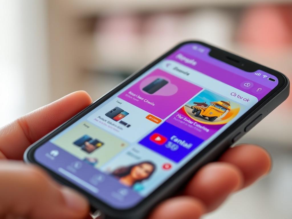 A close-up shot of a smartphone displaying the interface of a price comparison app, featuring vibrant product images and prices. The background is blurred to emphasize the phone.